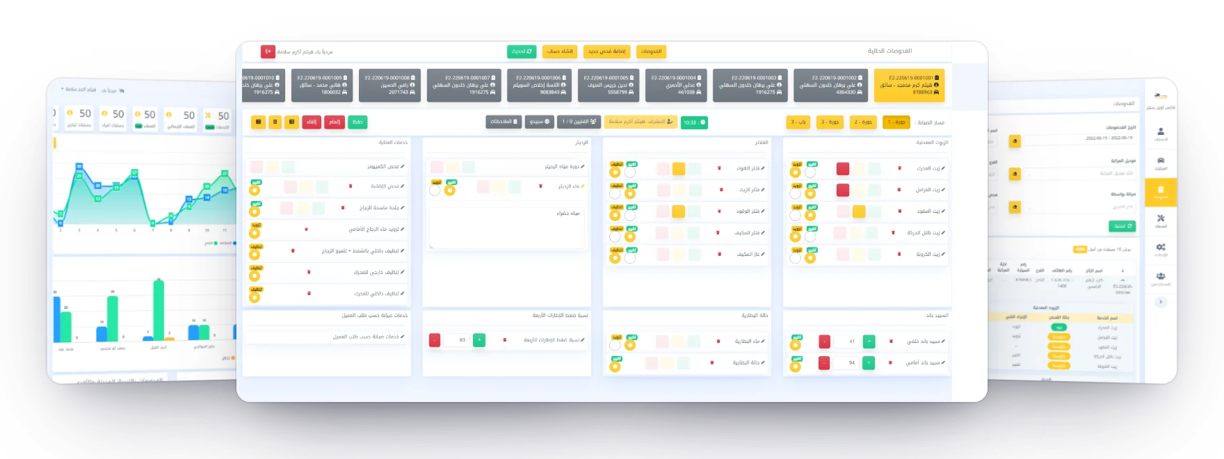 Three screens of the system. In front, the bay app's checklist, with the day's open checks along the top and services grouped into oils, filters, radiator and care, each with its condition and action. Tilted behind it, the dashboard's counters and charts on the left and the checks list with its filters on the right.